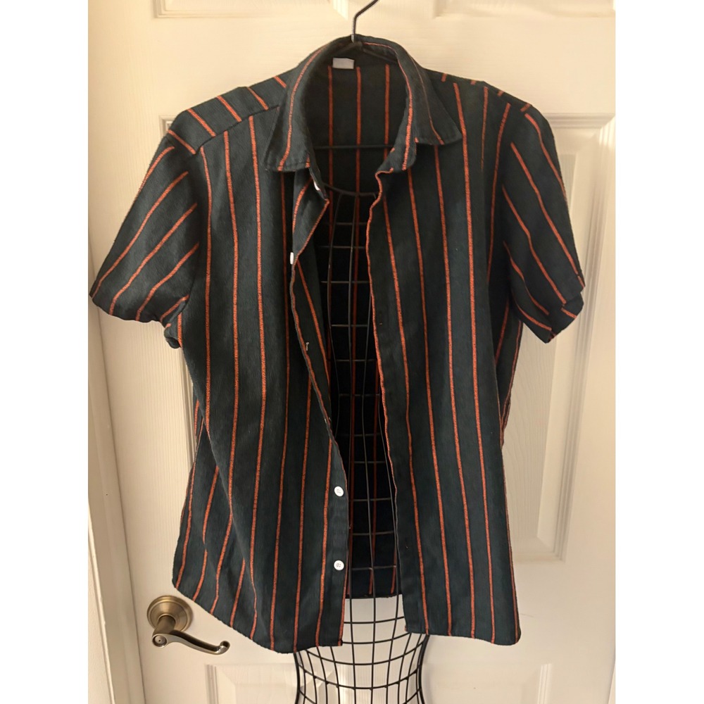 Army Green & Orange Striped Womens Short Sleeve Button Down‎ Shirt Sz Small EUC